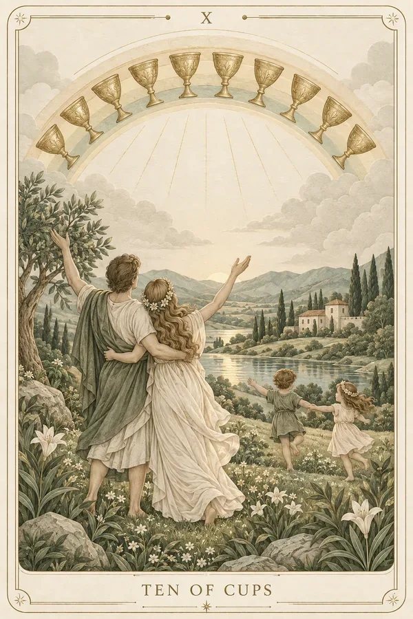 Ten of Cups tarot card illustration for upright and reversed meanings