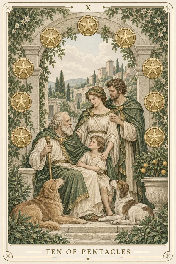 Ten of Pentacles tarot card illustration for upright and reversed meanings