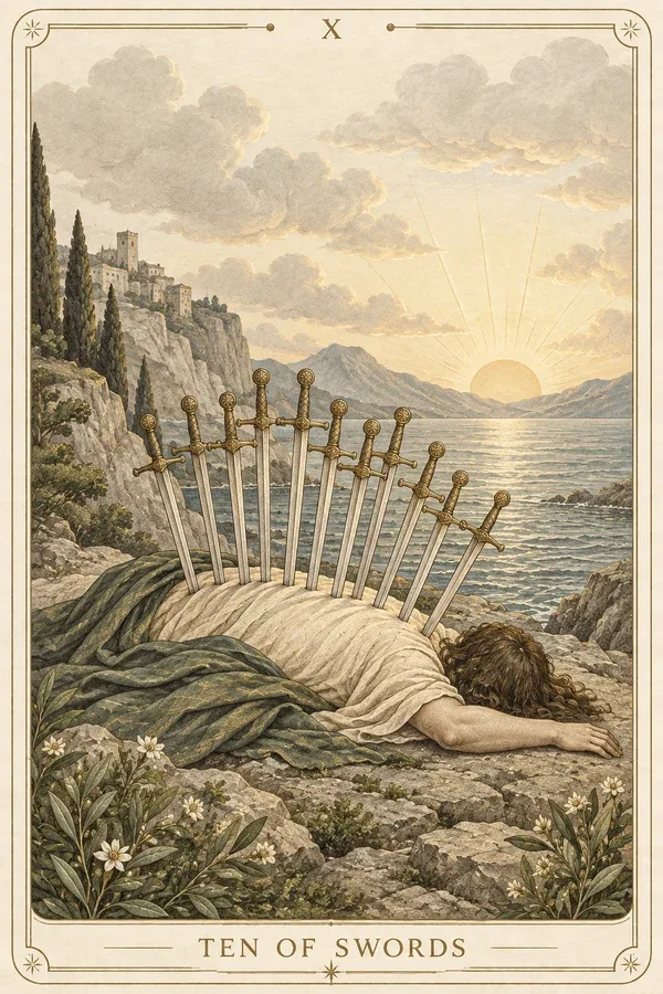 Ten of Swords tarot card illustration for upright and reversed meanings