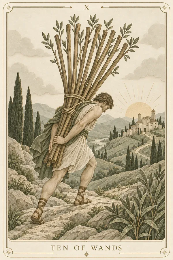 Ten of Wands tarot card illustration for upright and reversed meanings