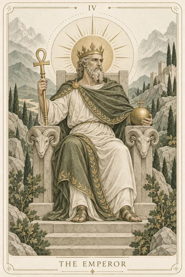 The Emperor tarot card illustration for upright and reversed meanings
