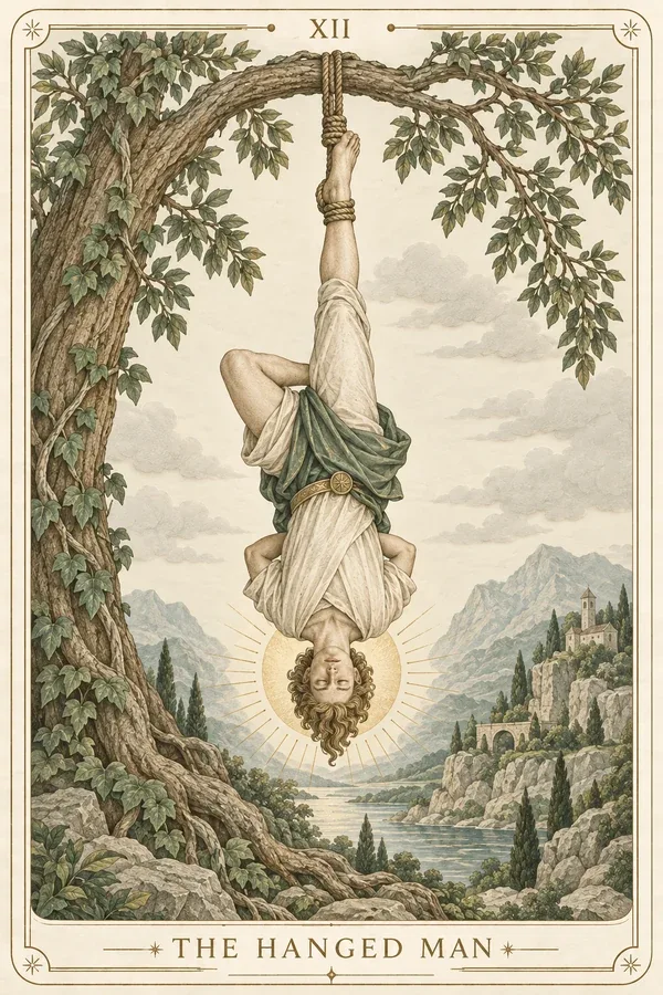 The Hanged Man tarot card illustration for upright and reversed meanings