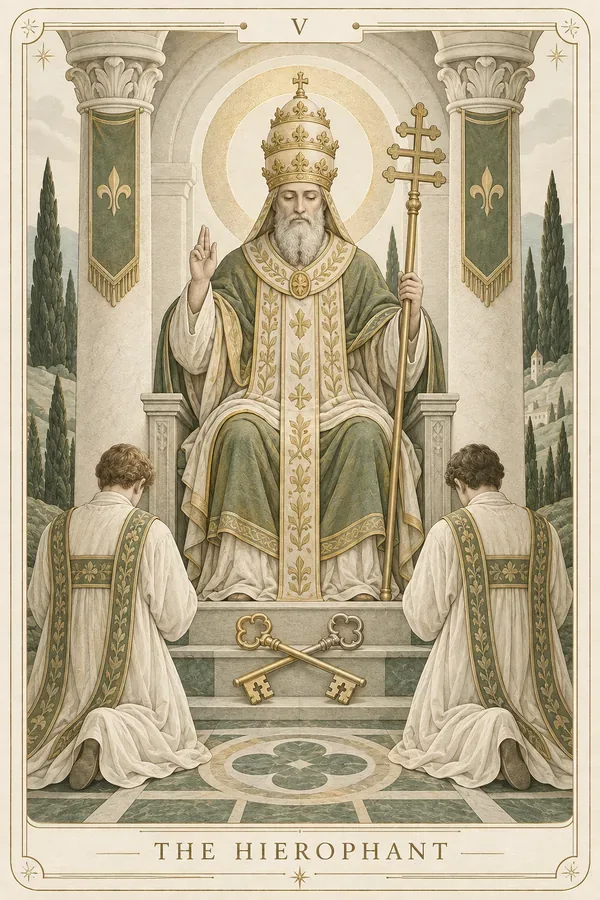 The Hierophant tarot card illustration for upright and reversed meanings
