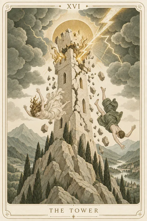 The Tower tarot card illustration for upright and reversed meanings