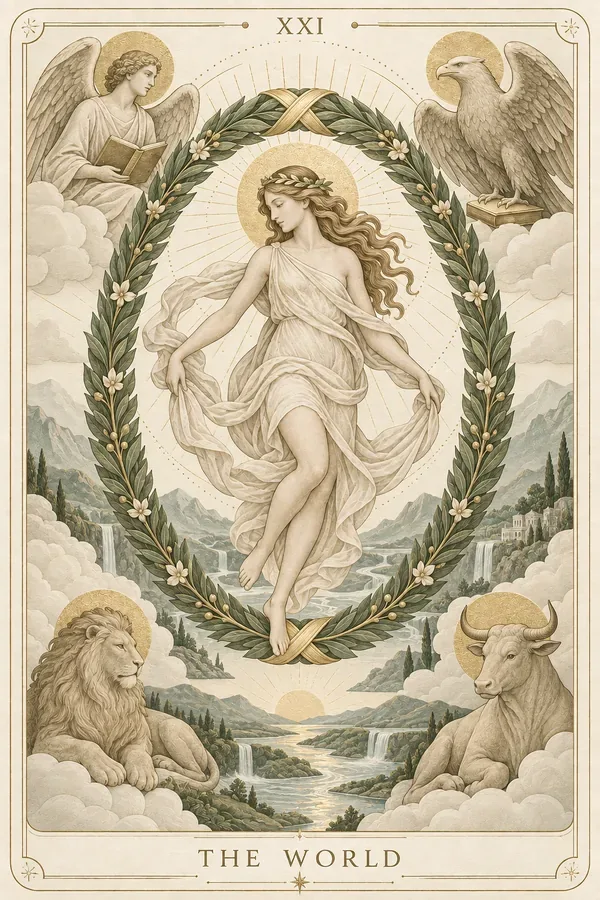 The World tarot card illustration for upright and reversed meanings