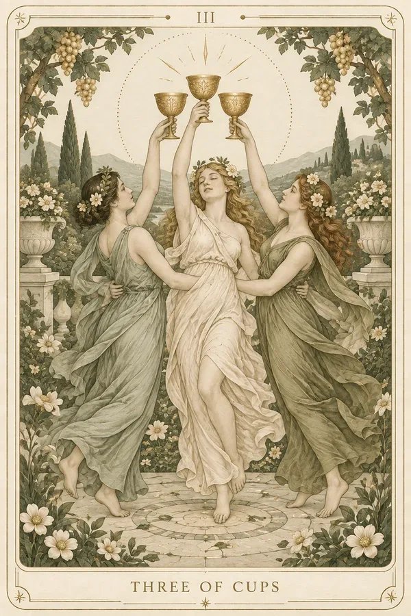 Three of Cups tarot card illustration for upright and reversed meanings