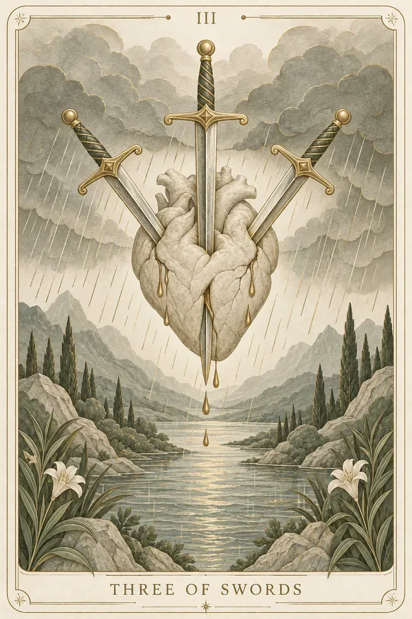 Three of Swords tarot card illustration for upright and reversed meanings