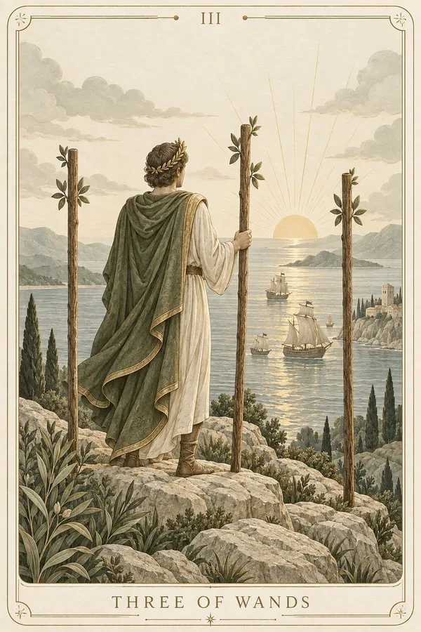 Three of Wands tarot card illustration for upright and reversed meanings