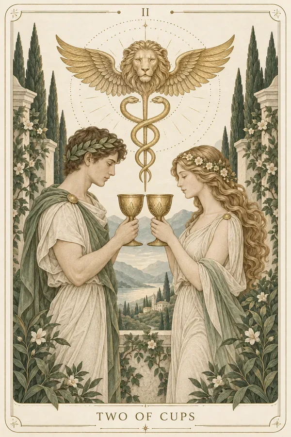 Two of Cups tarot card illustration for upright and reversed meanings