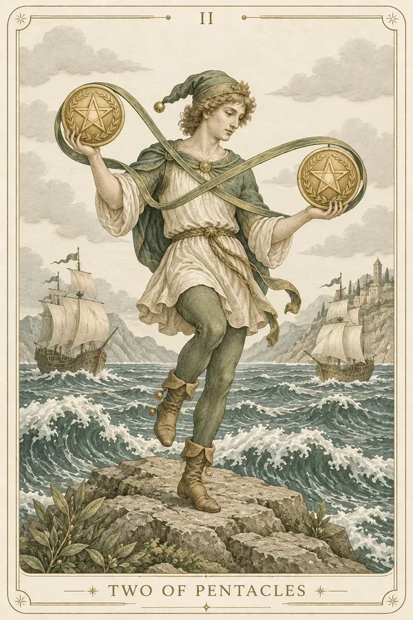 Two of Pentacles tarot card illustration for upright and reversed meanings