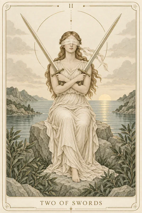 Two of Swords tarot card illustration for upright and reversed meanings