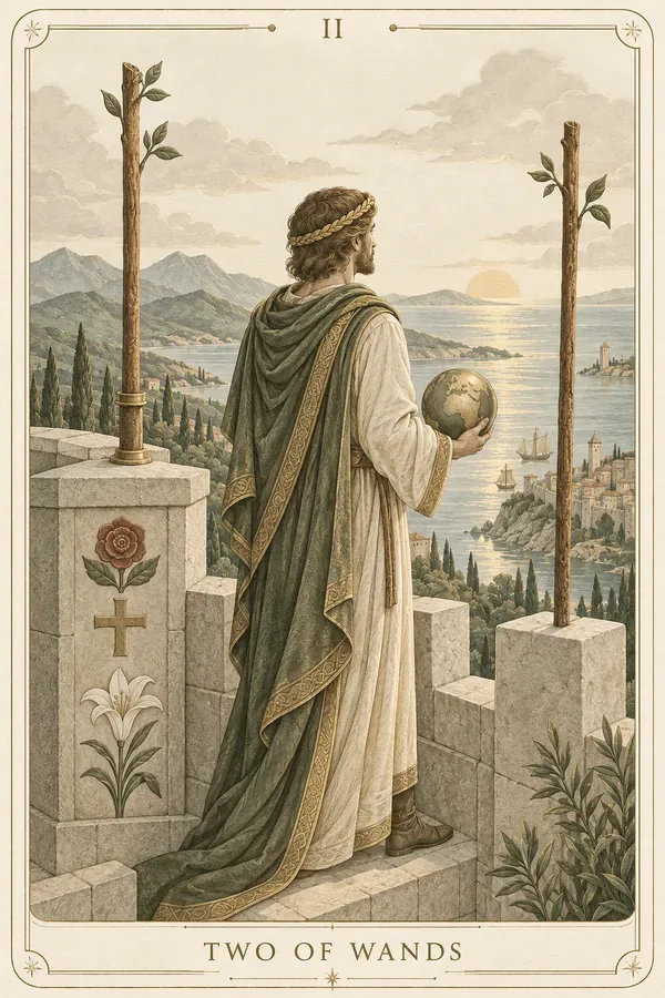 Two of Wands tarot card illustration for upright and reversed meanings