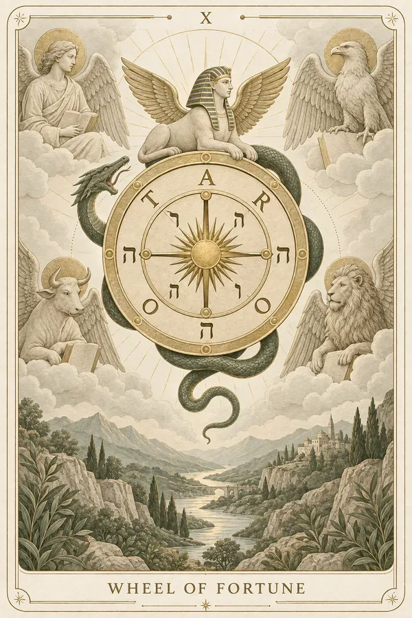 Wheel of Fortune tarot card illustration for upright and reversed meanings