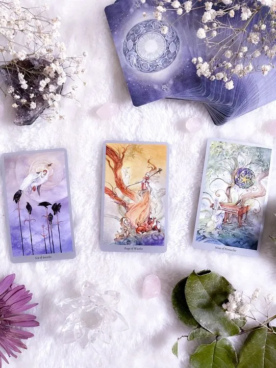 Tarot cards placed among flowers and leaves for a reflective reading
